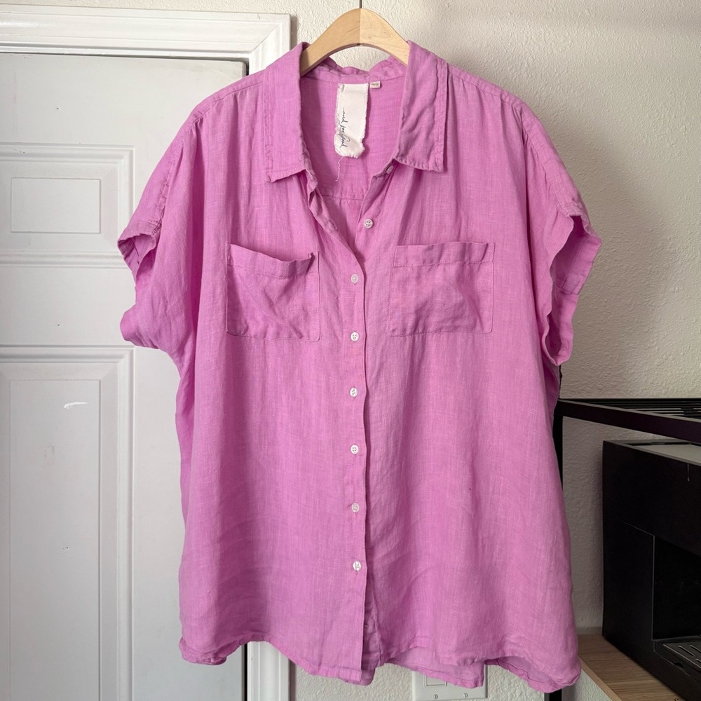 AND FOR GOOD pink organic linen short sleeve boxy cropped button up shirt